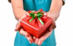 Woman Smile And Hold Gift Box In Hands Stock Photo