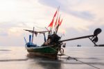 Long Tail Boat At Dusk.long Exposure Technique Stock Photo