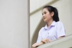 Portrait Of Thai High School Student Uniform Teen Beautiful Girl Happy And Relax, Stock Photo