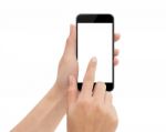 Hand Touch Phone Isolated With Clipping Path On White Background Stock Photo