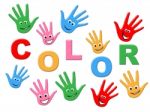 Handprints Colorful Indicates Watercolor Childhood And Human Stock Photo