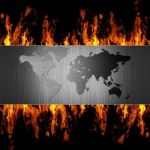 Abstract Metal World Map On Fire Flame Stock Photo