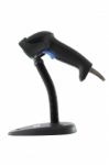 Side Of Black Barcode Scanner Base Placed On White Background Stock Photo