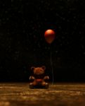 Old Teddy Bear With Red Balloon In The Dark,3d Illustration Stock Photo