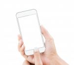 Hand Holding Phone Isolated With Clipping Path Stock Photo