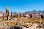 Colorful Valley Of Quebrada De Humahuaca, Central Andes Altiplan Stock Photo