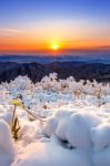 Beautiful Sunrise On Deogyusan Mountains Covered With Snow In Winter,south Korea Stock Photo