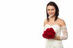 Pretty Bride Posing With Love Red Roses Bouquet Stock Photo