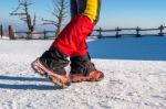 View Of Walking On Snow With Snow Shoes And Shoe Spikes In Winte Stock Photo