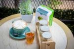 Coffee And Tea Cup On The Table In A Coffee Shop Stock Photo