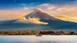 Fuji Mountain And Kawaguchiko Lake At Sunset, Autumn Seasons Fuji Mountain At Yamanachi In Japan Stock Photo