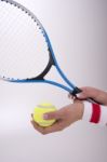 Woman Hands With Tennis Racket Stock Photo