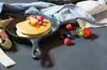 Pancakes With Blueberries  & Raspberry On Wood Background Stock Photo