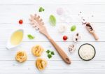 Ingredients For Homemade Pasta On Wooden Background Stock Photo