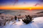 Sunrise On Deogyusan Mountains Covered With Snow In Winter,south Korea Stock Photo