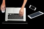 Woman Hand Working On Laptop, Holding Mouse Stock Photo