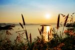 High Angle View Beautiful Lake At Sunset Stock Photo