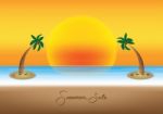 Summer Sale Promotion Season With Coconut Tree, Sunset And Sea B Stock Photo