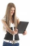 Smiling Woman Communicate With Tablet Computer Stock Photo