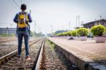 Tourists Man Are Enjoying The Train Station Stock Photo