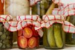 Variety Of Jars With Organic Vegetable Pickles Stock Photo