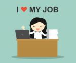 Business Concept, Business Woman Working On Her Desk With Wording "i Love My Job" Stock Photo