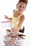 Smiling Female With Holding Carry Bags Stock Photo