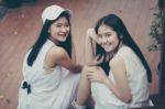 Two Asia Thai High School Student Best Friends Beautiful Girl Smile And Funny Stock Photo