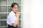 Portrait Of Thai High School Student Uniform Teen Beautiful Girl Happy And Relax, Stock Photo