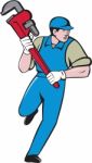 Plumber Running Monkey Wrench Cartoon Stock Photo