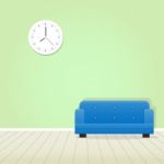 Clock On Green Wall And Blue Sofa Minimal Stock Photo