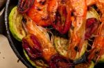 Roasted Shrimps With Zucchini And Tomatoes Stock Photo