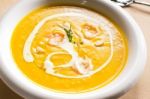 Pumpkin And Shrimps Cream Soup Stock Photo