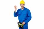 Construction Guy Gesturing Okay Sign Stock Photo