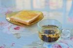 Morning Tea With Bread On The Table Stock Photo