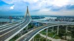 Aerial View Of Bhumiphol Bridge Crossing Chaopraya River Important Modern Landmark Of Bangkok Thailand Capital Stock Photo