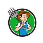 Farmer Pitchfork On Shoulder Circle Cartoon Stock Photo