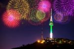 Seoul Tower And Firework In Korea Stock Photo