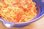 Italian Pasta With Ham, Tomato And Champignon Mushrooms Stock Photo