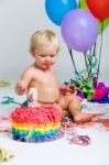 Baby Girl Celebrating Her First Bithday With Gourmet Cake And Ba Stock Photo