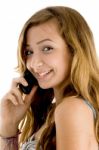 Smiling Girl Talking Over Mobile Stock Photo