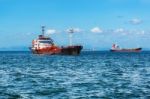 Cargo Boats At Panama Canal Entrance Pacific Side Stock Photo