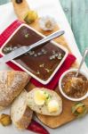 Goose Liver And Sauternes Pate With Peppers, Tomatoes, Sliced Br Stock Photo