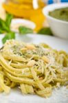 Italian Traditional Basil Pesto Pasta Ingredients Stock Photo