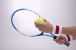 Woman Hands With Tennis Racket Stock Photo