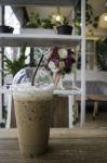 Iced Mocha Coffee On Wooden Table Stock Photo