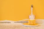 Brush Paint Yellow Color On Cement Wall Background Stock Photo