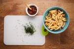 Fries French Ketchup Herb Still Life Flat Lay Stock Photo