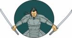 Samurai Warrior Wielding Two Swords Oval Drawing Stock Photo