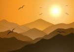 Evening Mountains And Sunset With Birds Fly  Background Stock Photo